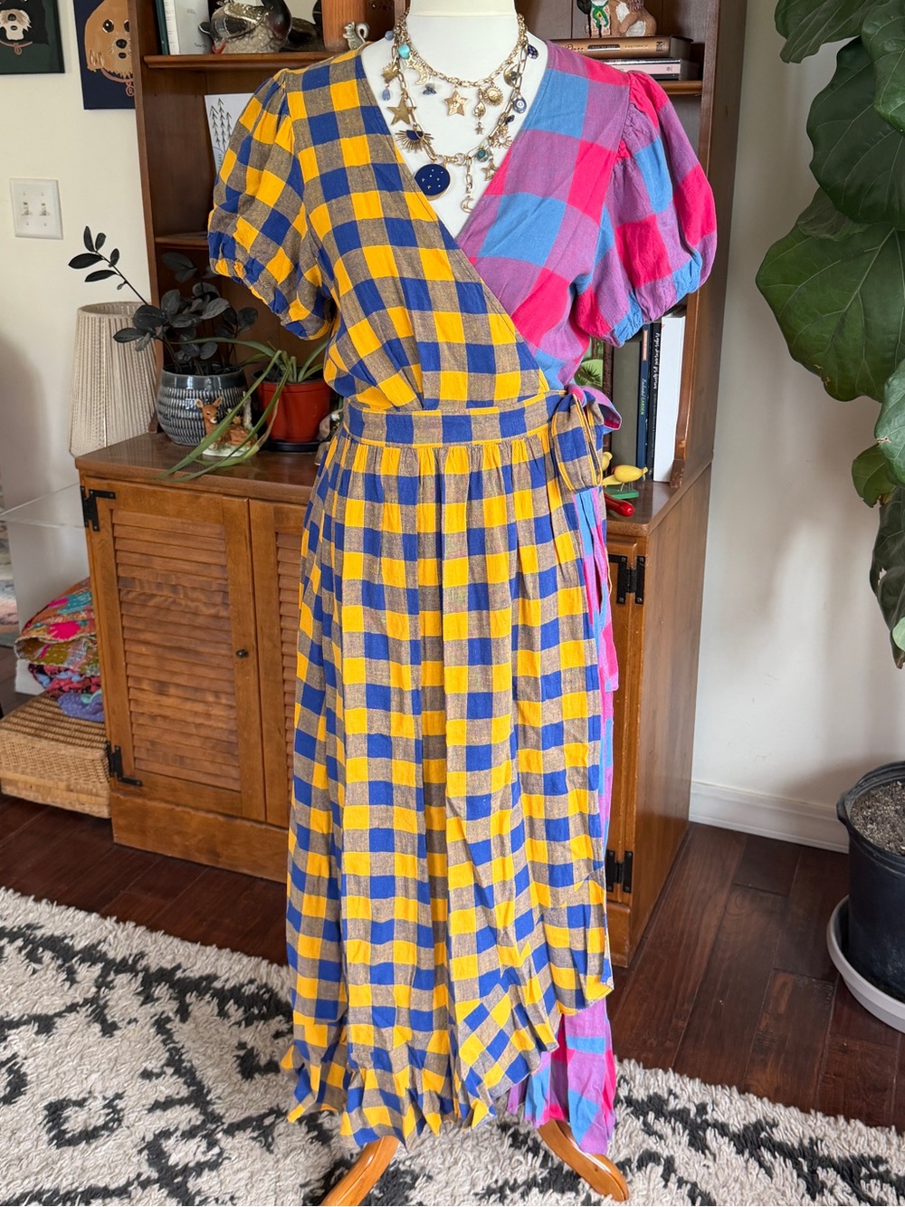 Urban Outfitters Colorblock Plaid Wrap Midi Dress in Yellow, Blue and Pink S